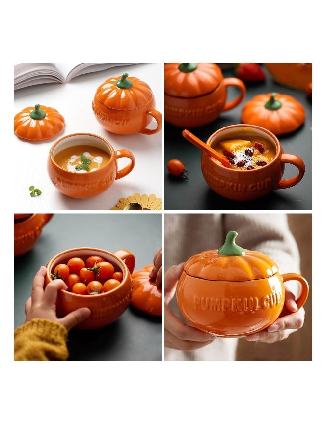 Pumpkin Ceramics Mug, Pumpkin Shape Ceramic Cup, Creative Pumpkin Cup, Coffee Tea Cup, Milk Soup Mug, with Lid Spoon for Spices (Orange)