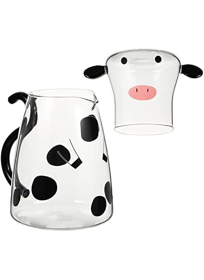 Glass Water Pitcher and Cup Set Cute Cow Bedside Carafe Tea Kettle Milk Jug Night with Tumbler Cold Beverage Container for Bedroom 550ml, Black,White, 15.2X13CM