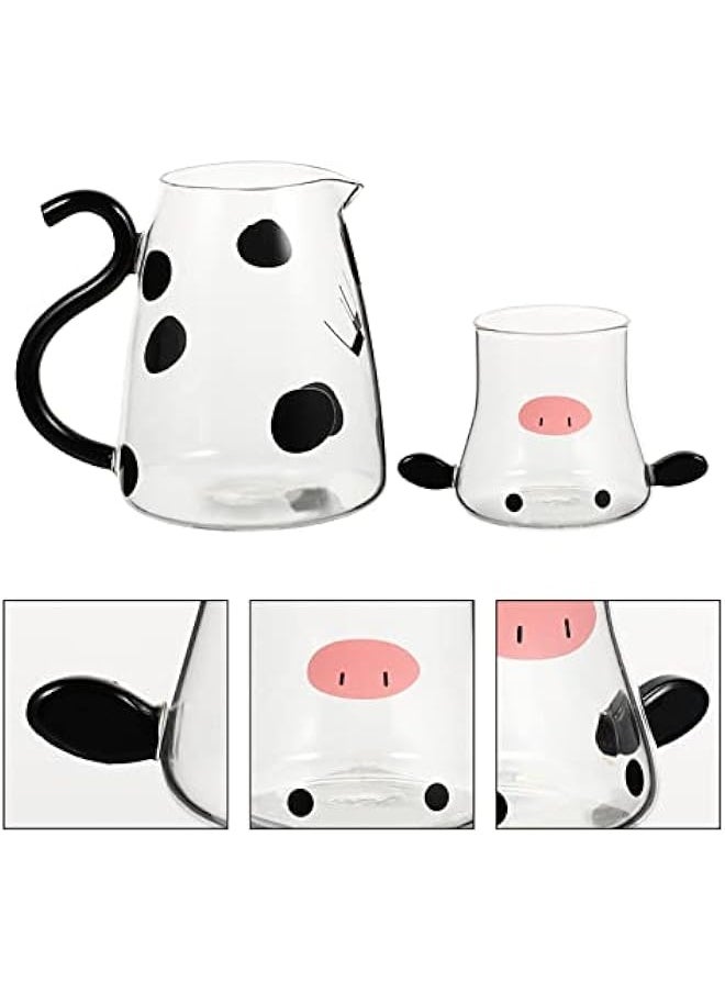 Glass Water Pitcher and Cup Set Cute Cow Bedside Carafe Tea Kettle Milk Jug Night with Tumbler Cold Beverage Container for Bedroom 550ml, Black,White, 15.2X13CM