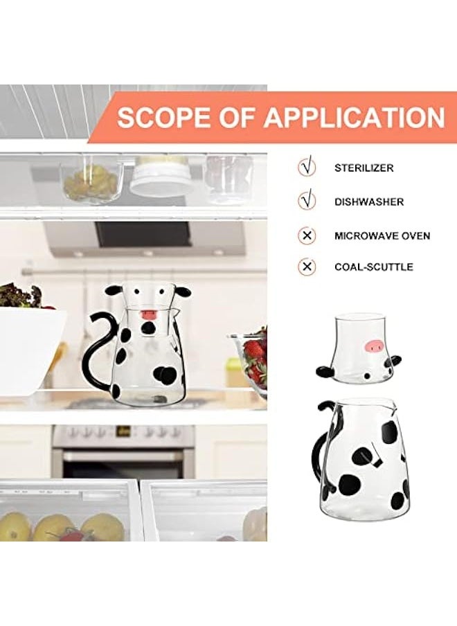 Glass Water Pitcher and Cup Set Cute Cow Bedside Carafe Tea Kettle Milk Jug Night with Tumbler Cold Beverage Container for Bedroom 550ml, Black,White, 15.2X13CM