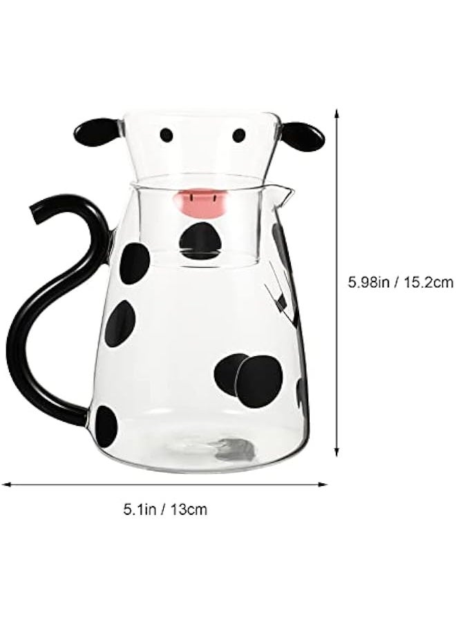 Glass Water Pitcher and Cup Set Cute Cow Bedside Carafe Tea Kettle Milk Jug Night with Tumbler Cold Beverage Container for Bedroom 550ml, Black,White, 15.2X13CM