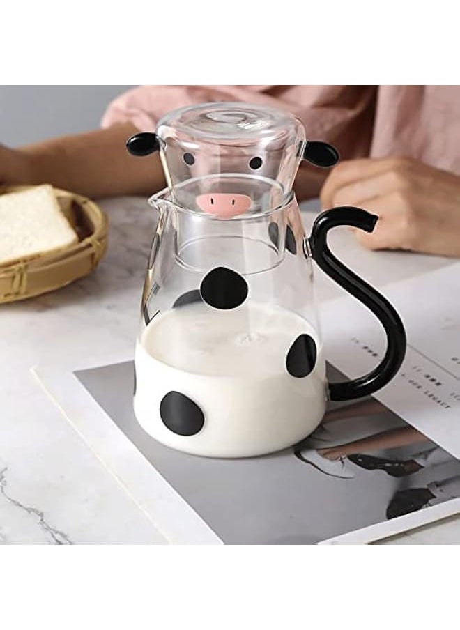 Glass Water Pitcher and Cup Set Cute Cow Bedside Carafe Tea Kettle Milk Jug Night with Tumbler Cold Beverage Container for Bedroom 550ml, Black,White, 15.2X13CM