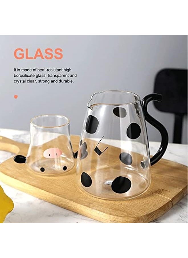 Glass Water Pitcher and Cup Set Cute Cow Bedside Carafe Tea Kettle Milk Jug Night with Tumbler Cold Beverage Container for Bedroom 550ml, Black,White, 15.2X13CM