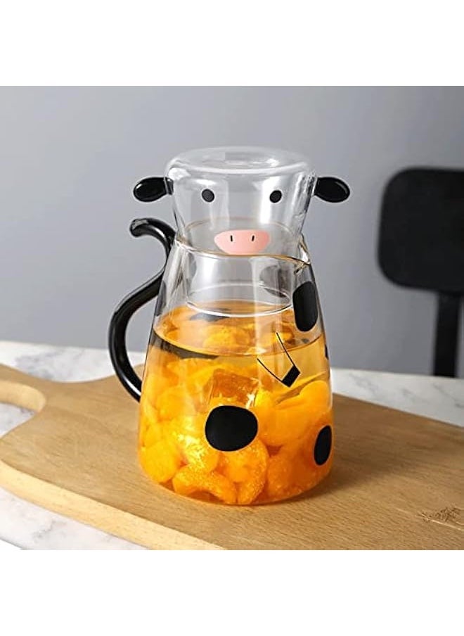 Glass Water Pitcher and Cup Set Cute Cow Bedside Carafe Tea Kettle Milk Jug Night with Tumbler Cold Beverage Container for Bedroom 550ml, Black,White, 15.2X13CM