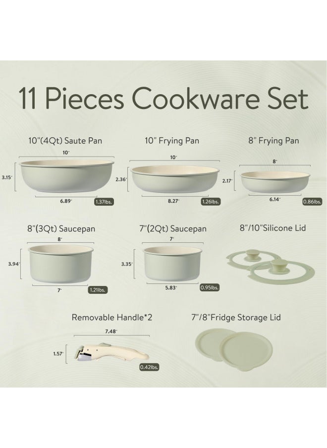 CAROTE 11pcs Pots and Pans Set, Nonstick Cookware Set Detachable Handle, Induction Kitchen Cookware Sets Non Stick with Removable Handle, RV Cookware Set, Oven Safe, Green