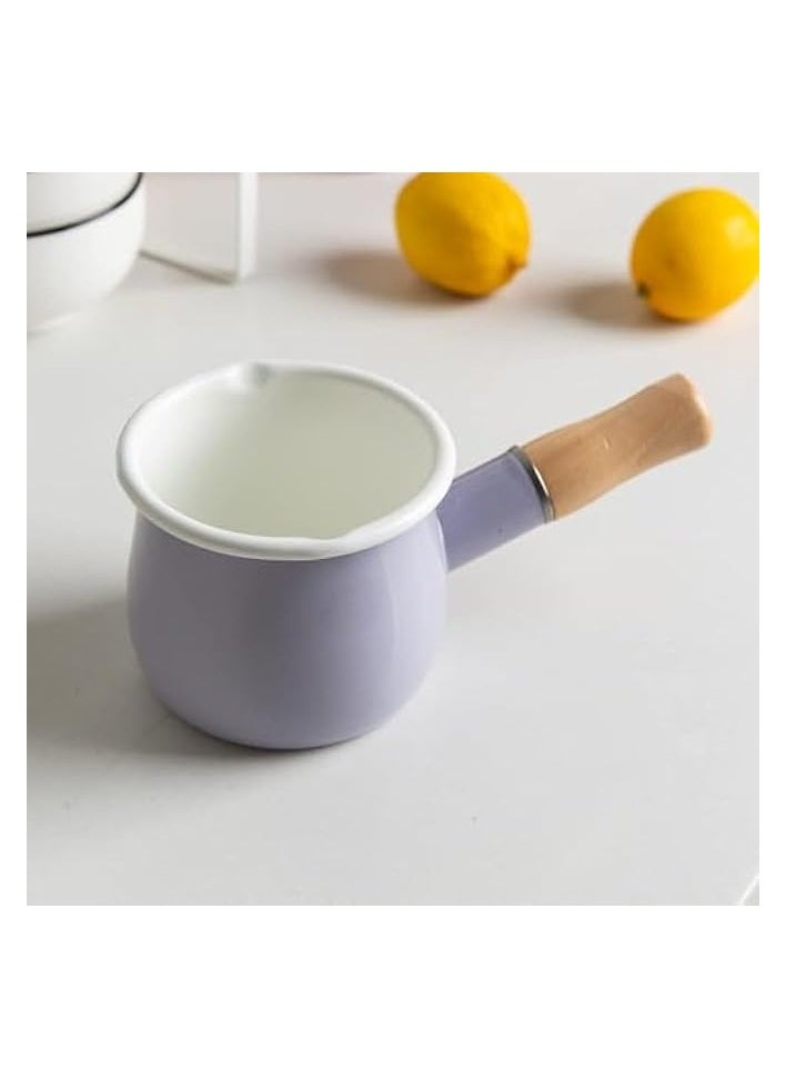 4-Inch Enamel Milk Pot Non-stick Mini Saucepan Butter Warmer with Wooden Handle Small Cookware 17Oz (Purple)