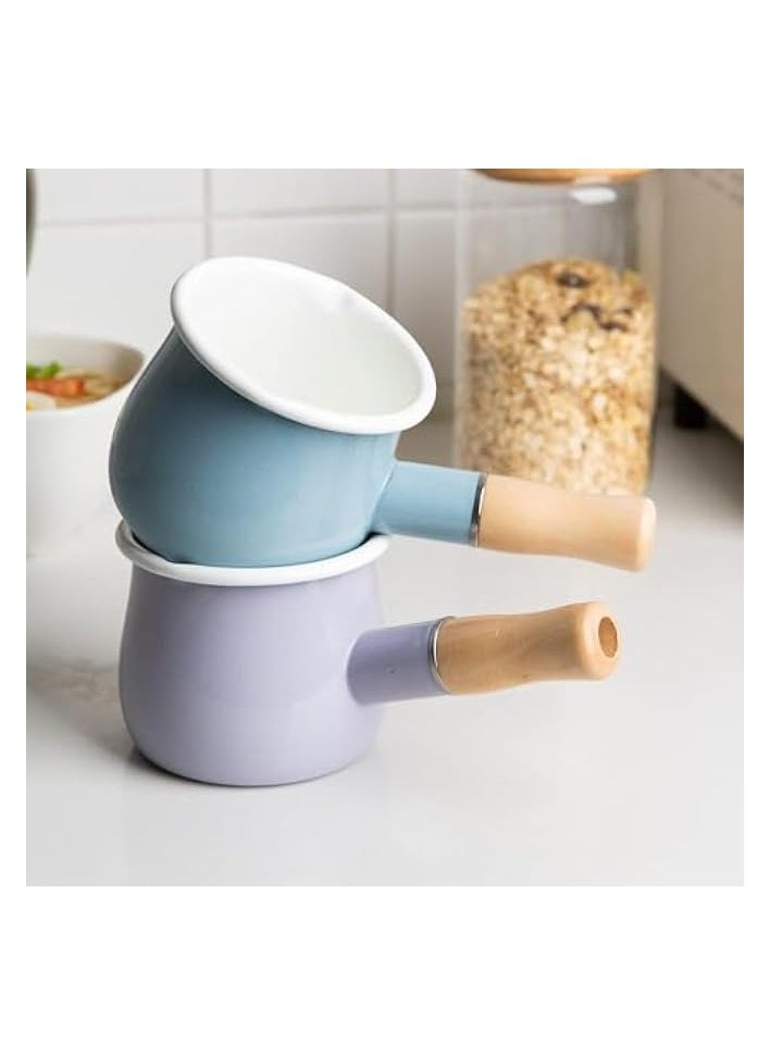 4-Inch Enamel Milk Pot Non-stick Mini Saucepan Butter Warmer with Wooden Handle Small Cookware 17Oz (Purple)