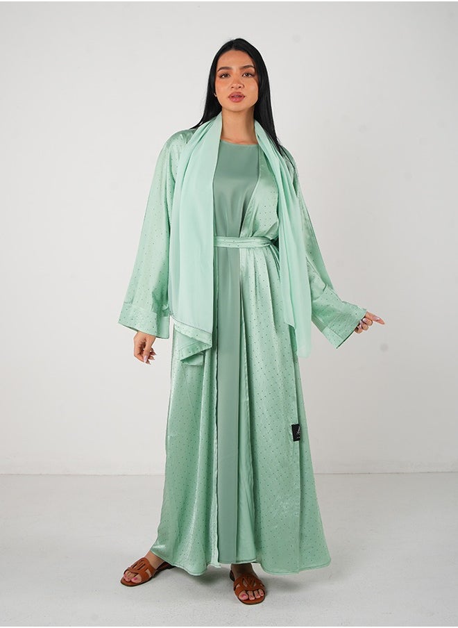 Mint Green Bling Open Abaya 3 pieces Set