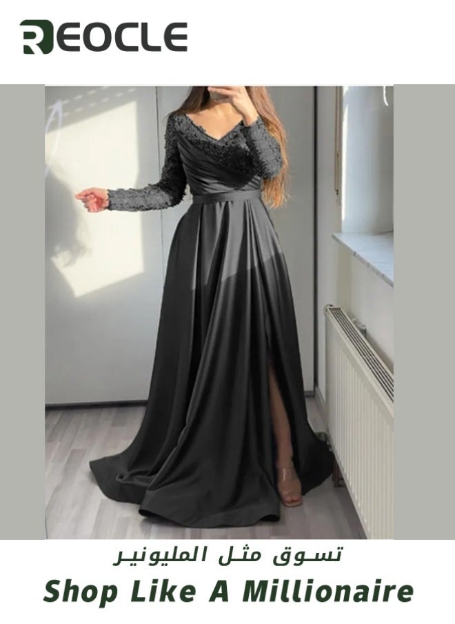 Women's Prom Dress Lace Long Sleeves Cocktail Party Dress Formal Ball Gowns Satin Formal Evening Gowns