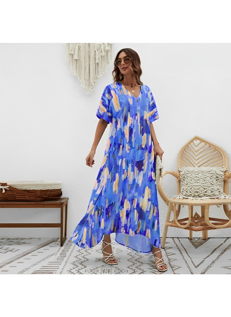 Women's Maxi Dress with Elegant Print Casual Half Sleeves Dresses V-neck Large Skirt Dress Summer Plus Size Beachwear Long Dress