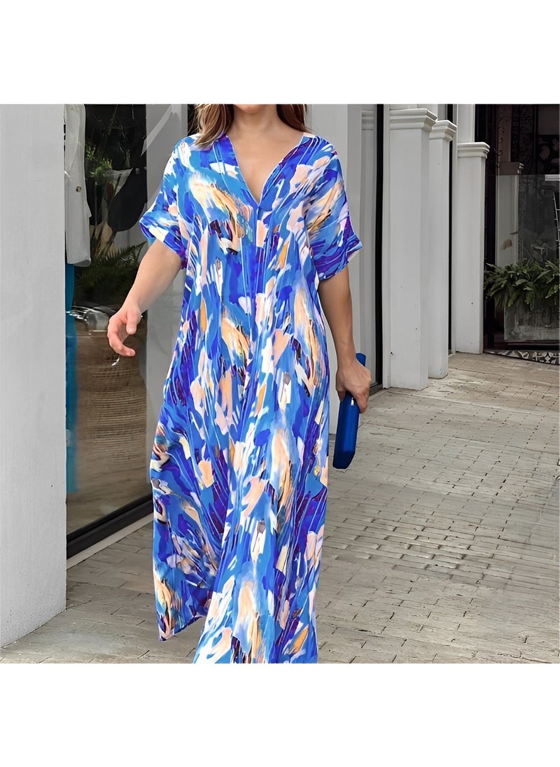 Women's Maxi Dress with Elegant Print Casual Half Sleeves Dresses V-neck Large Skirt Dress Summer Plus Size Beachwear Long Dress