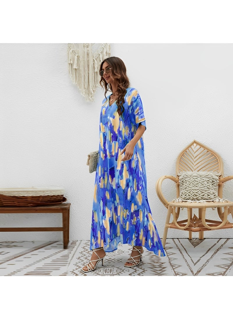 Women's Maxi Dress with Elegant Print Casual Half Sleeves Dresses V-neck Large Skirt Dress Summer Plus Size Beachwear Long Dress