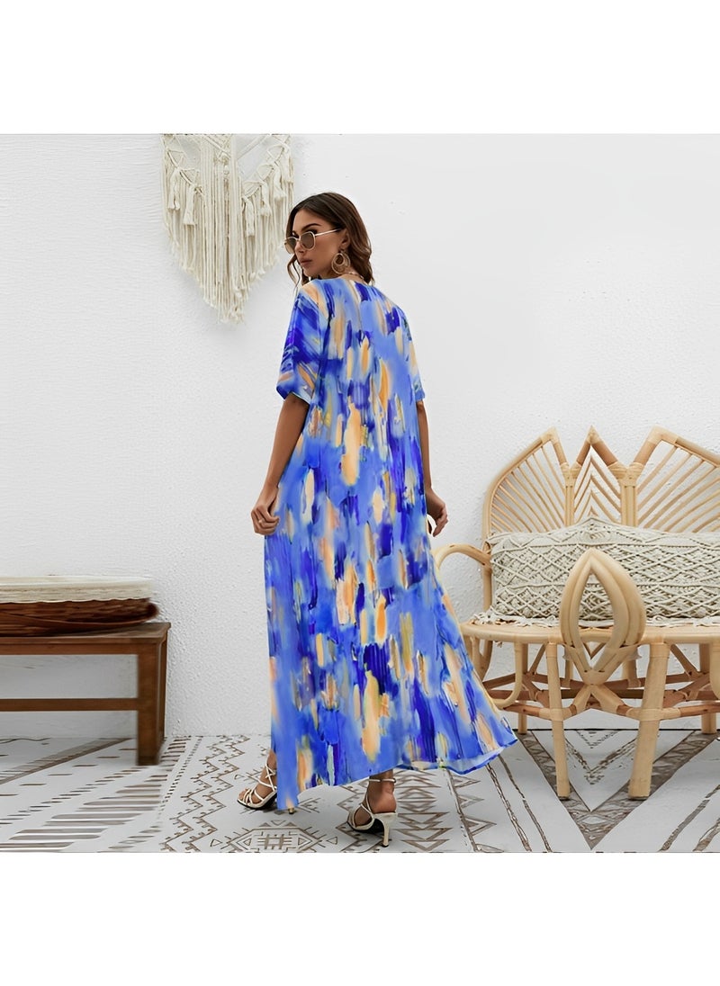 Women's Maxi Dress with Elegant Print Casual Half Sleeves Dresses V-neck Large Skirt Dress Summer Plus Size Beachwear Long Dress