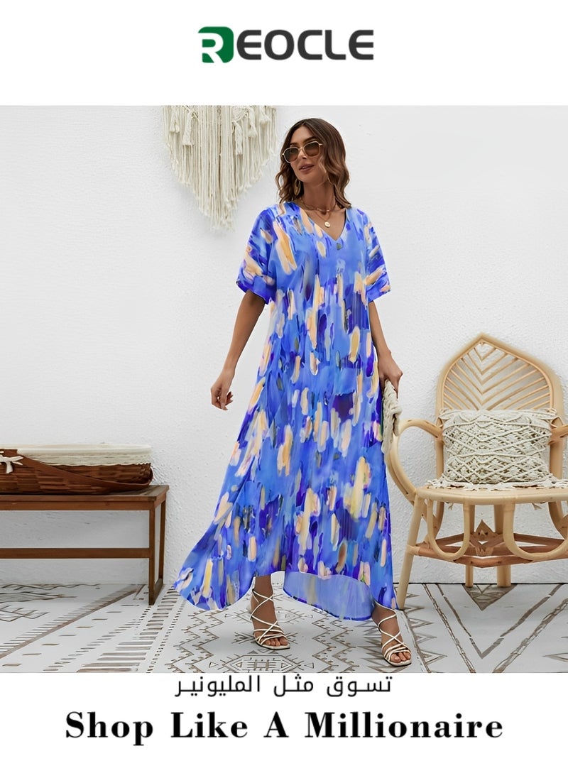 Women's Maxi Dress with Elegant Print Casual Half Sleeves Dresses V-neck Large Skirt Dress Summer Plus Size Beachwear Long Dress