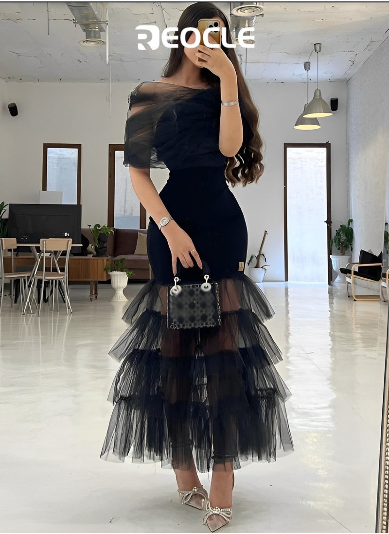 Women's Dress Elegant Off Shoulder Lace Mesh Banquet Dress Ruffled Mesh Maxi Dress