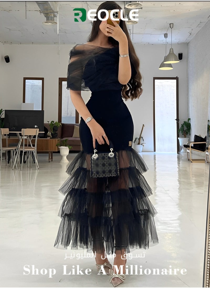 Women's Dress Elegant Off Shoulder Lace Mesh Banquet Dress Ruffled Mesh Maxi Dress