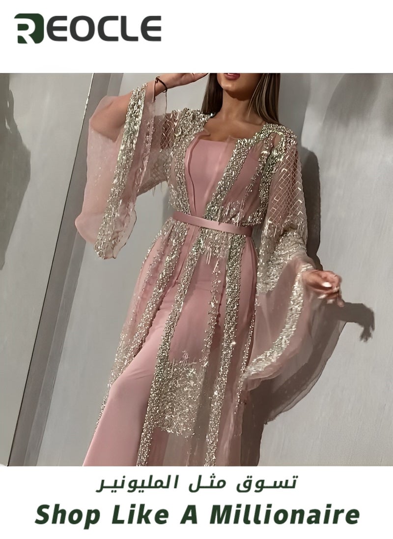 Hot Stamping Long Skirt with Shawl and Banquet Evening Dress with Waist Design and Sequined Tulle Long Skirt with Wide Sleeve Design