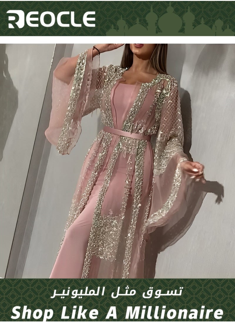 Hot Stamping Long Skirt with Shawl and Banquet Evening Dress with Waist Design and Sequined Tulle Long Skirt with Wide Sleeve Design