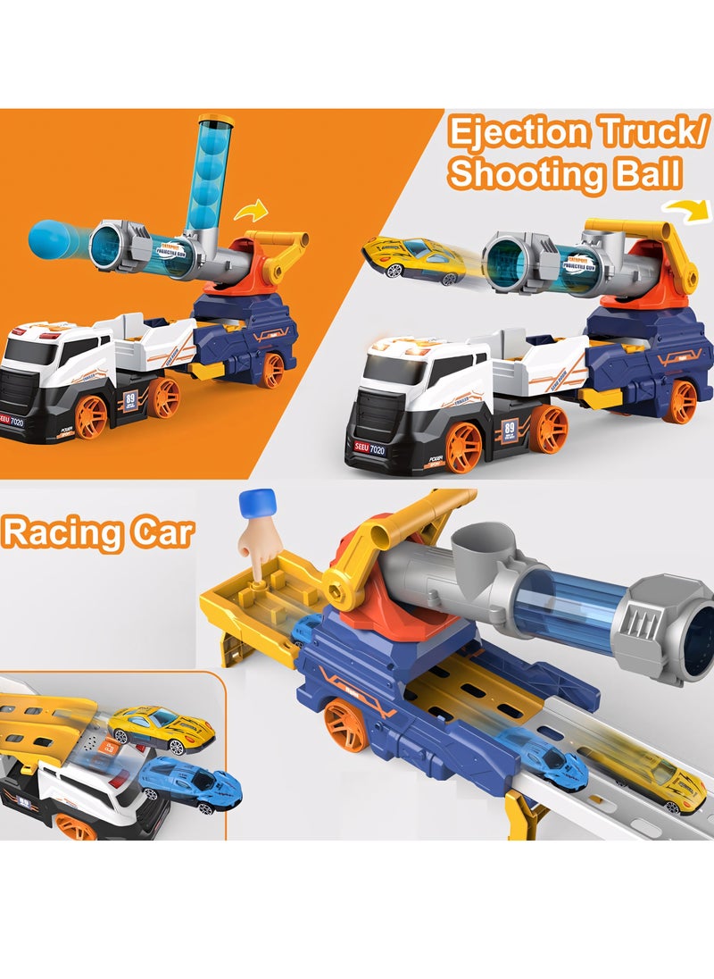 Truck Car Set Toys Include 4 Racing Cars+6 Ball, with Light & Sounds, Eejection&Shooting Transport Cars Toy, Birthday Gifts for Boys Girls