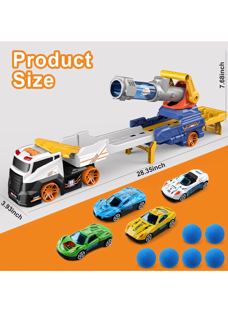 Truck Car Set Toys Include 4 Racing Cars+6 Ball, with Light & Sounds, Eejection&Shooting Transport Cars Toy, Birthday Gifts for Boys Girls