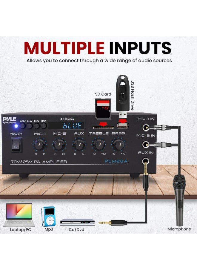 Pyle PCM20A - Compact Mini Home Power Amplifier - 40W Smart Small Audio Stereo Receiver w/ AUX 2 Microphone IN COM/8-Ohm/25V/70V Speakers LED Input Selector For PA Amplified Speaker Sound System