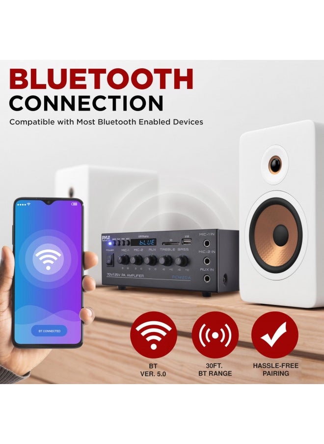 Pyle PCM20A - Compact Mini Home Power Amplifier - 40W Smart Small Audio Stereo Receiver w/ AUX 2 Microphone IN COM/8-Ohm/25V/70V Speakers LED Input Selector For PA Amplified Speaker Sound System