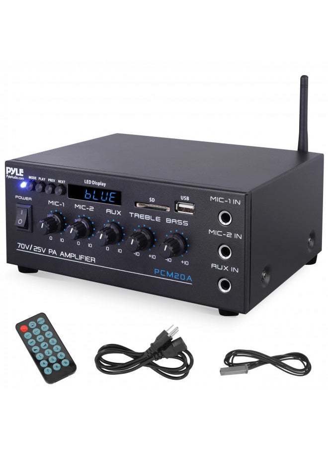 Pyle PCM20A - Compact Mini Home Power Amplifier - 40W Smart Small Audio Stereo Receiver w/ AUX 2 Microphone IN COM/8-Ohm/25V/70V Speakers LED Input Selector For PA Amplified Speaker Sound System