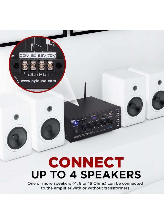 Pyle PCM20A - Compact Mini Home Power Amplifier - 40W Smart Small Audio Stereo Receiver w/ AUX 2 Microphone IN COM/8-Ohm/25V/70V Speakers LED Input Selector For PA Amplified Speaker Sound System