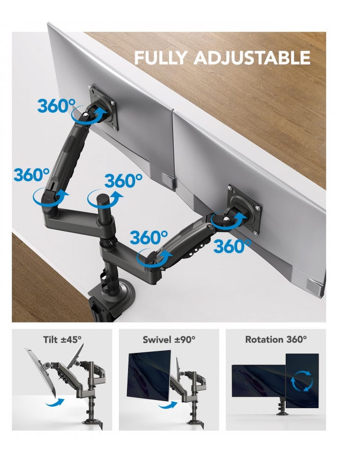 HUANUO 13-32 Inch Monitor Mount 2 Monitors, Ergonomic Height Adjustable Screen Mount 2 Monitors Tilt/Swivel/Rotate/Weight Max 9 kg/VESA 75/100 mm