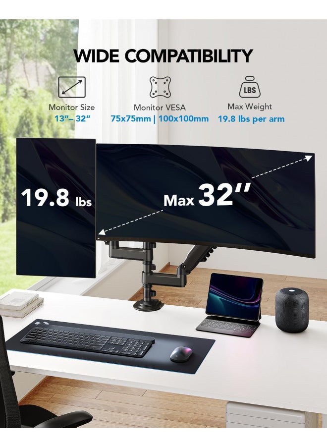 HUANUO 13-32 Inch Monitor Mount 2 Monitors, Ergonomic Height Adjustable Screen Mount 2 Monitors Tilt/Swivel/Rotate/Weight Max 9 kg/VESA 75/100 mm