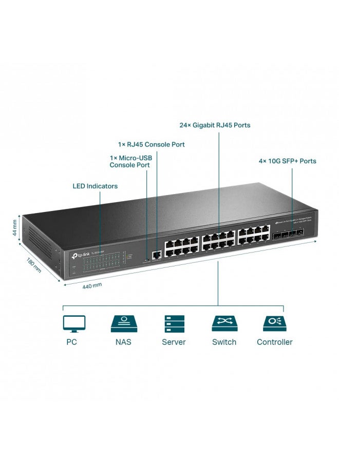 TP-Link TL-SG3428X | 24 Port Gigabit Switch, 4 x 10GE SFP+ Slots | L2+ Smart Managed | Omada SDN Integrated | IPv6 | Static Routing | Support QoS, IGMP & LAG | Limited Lifetime Protection