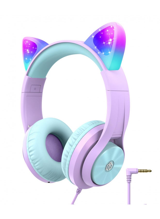 iClever Kids Headphones with Cat Ear Led Light Up, Safe Volume Limite Kids Wired Headphones, FunShare Foldable Over-Ear Headphones for Kids/School/iPad/Tablet/Travel, Meow Donut-Light Purple