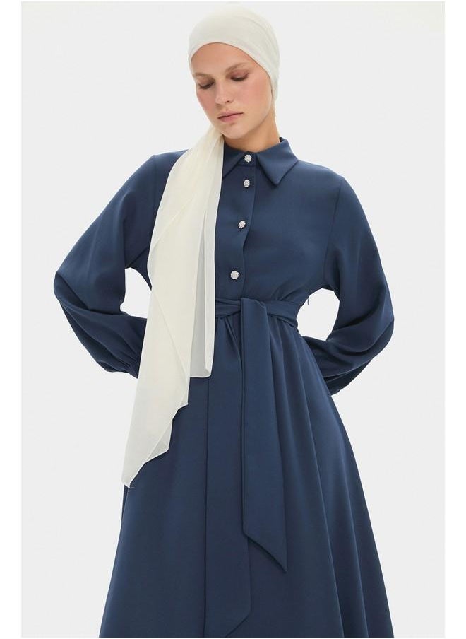 June Women Shirt Neck Balloon Sleeve Waist Tie Detail Maxi Dress Indigo