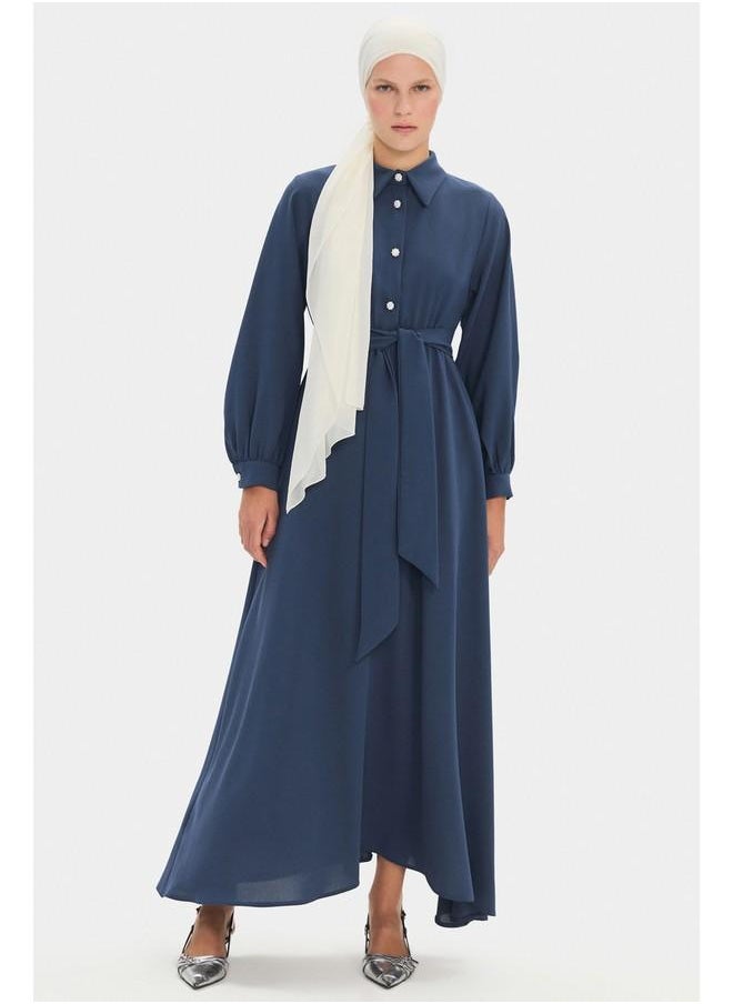 June Women Shirt Neck Balloon Sleeve Waist Tie Detail Maxi Dress Indigo