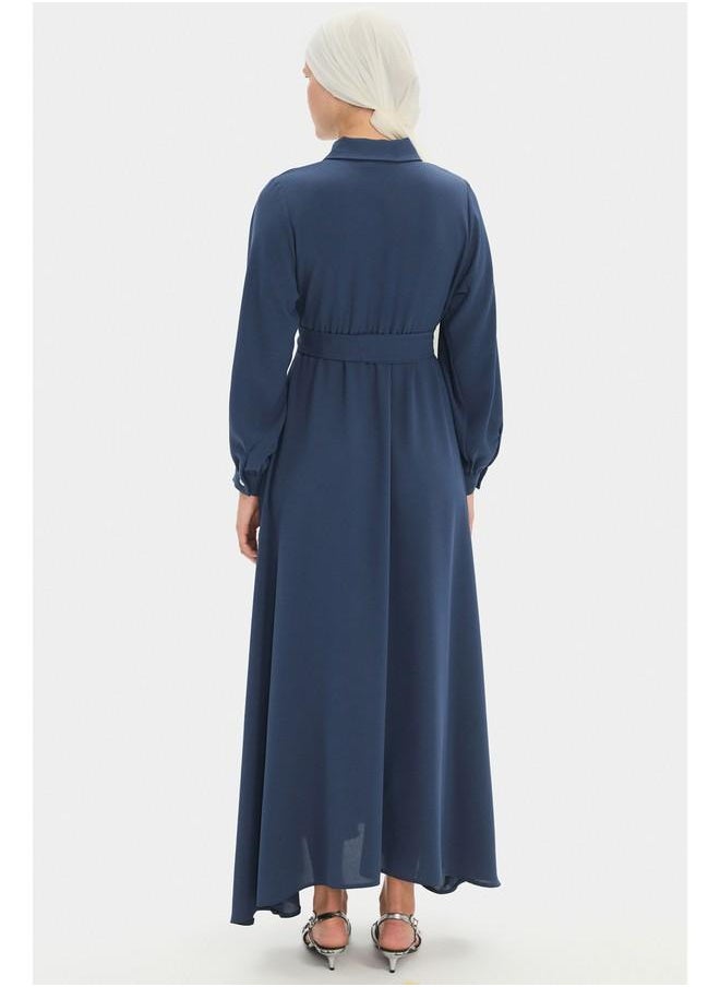 June Women Shirt Neck Balloon Sleeve Waist Tie Detail Maxi Dress Indigo
