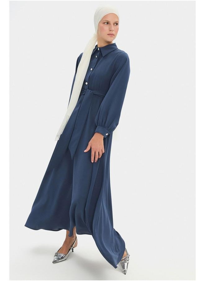 June Women Shirt Neck Balloon Sleeve Waist Tie Detail Maxi Dress Indigo