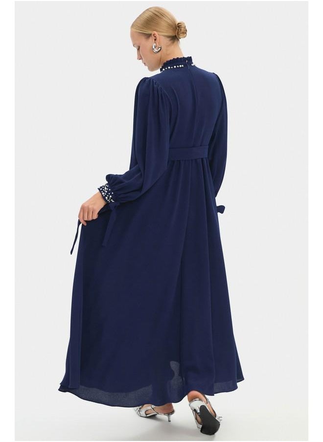 June Women High Neck Stone Detailed Balloon Sleeve Maxi Dress Navy