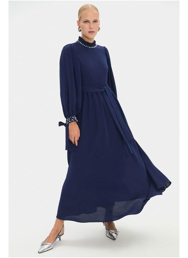 June Women High Neck Stone Detailed Balloon Sleeve Maxi Dress Navy