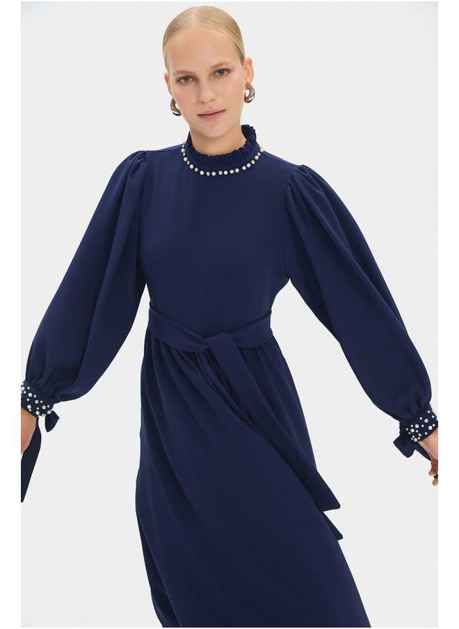 June Women High Neck Stone Detailed Balloon Sleeve Maxi Dress Navy