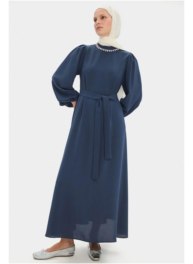 June Women HighNeck Stoned Waist Tie Detail Balloon Sleeve Dress Grey