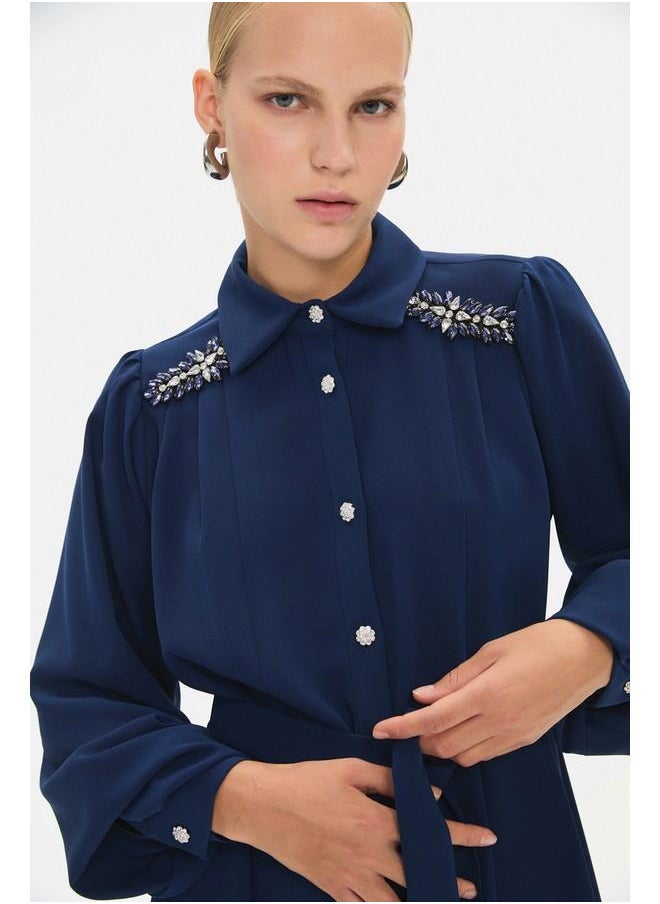 June Women Shirt Neck Balloon Sleeve Stone Details and Waist Tie Maxi Dress Navy