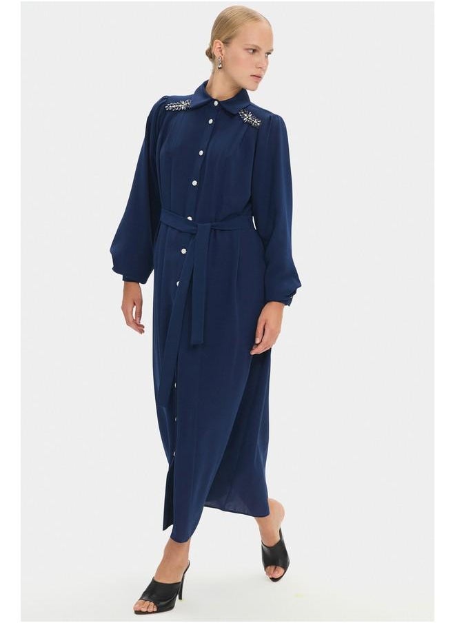 June Women Shirt Neck Balloon Sleeve Stone Details and Waist Tie Maxi Dress Navy