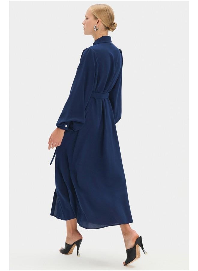 June Women Shirt Neck Balloon Sleeve Stone Details and Waist Tie Maxi Dress Navy