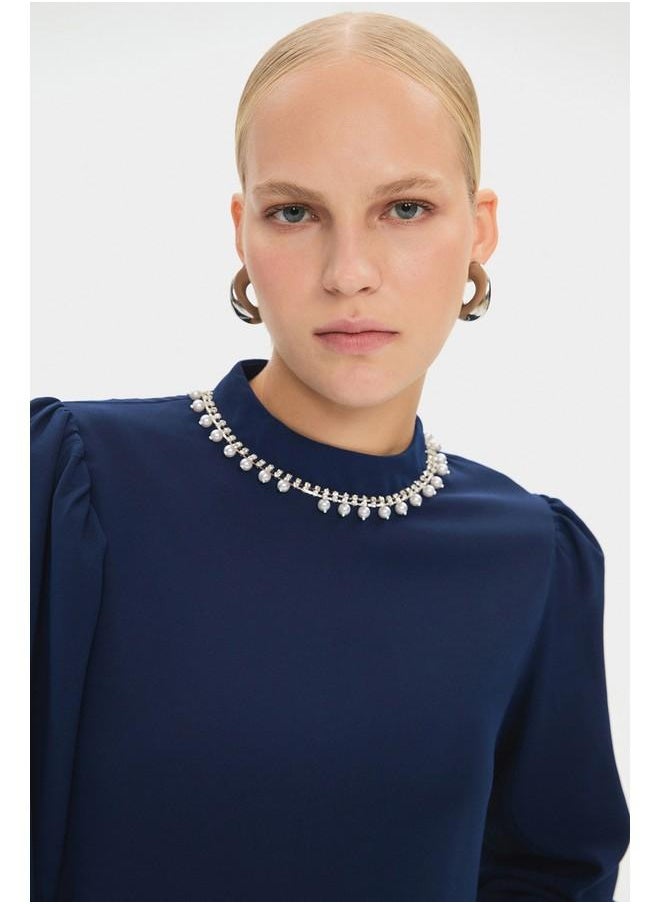 June Women HighNeck Stoned Waist Tie Detail Balloon Sleeve Dress Navy