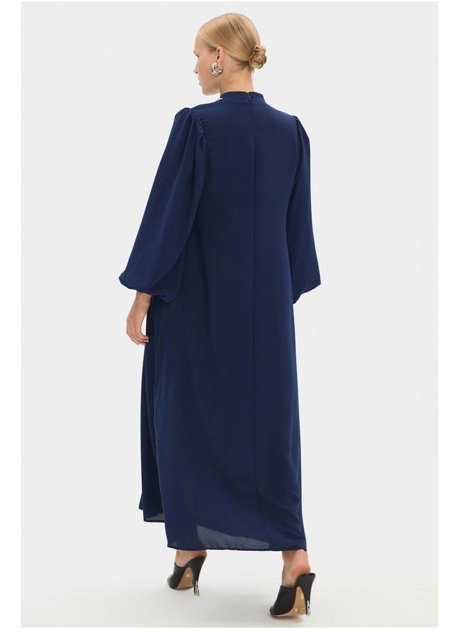 June Women HighNeck Stoned Waist Tie Detail Balloon Sleeve Dress Navy
