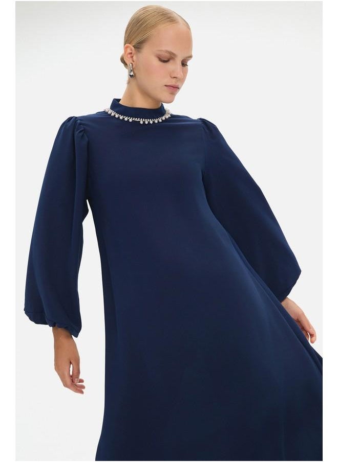 June Women HighNeck Stoned Waist Tie Detail Balloon Sleeve Dress Navy