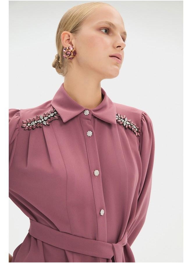 June Women Shirt Neck Balloon Sleeve Stone Details and Waist Tie Maxi Dress Rose
