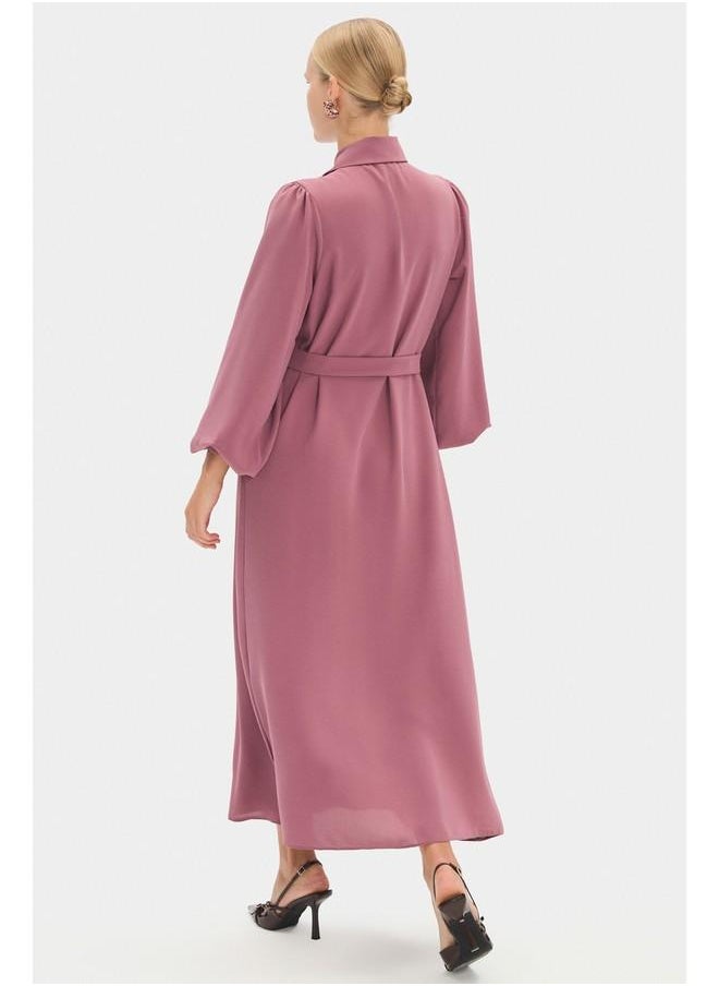 June Women Shirt Neck Balloon Sleeve Stone Details and Waist Tie Maxi Dress Rose