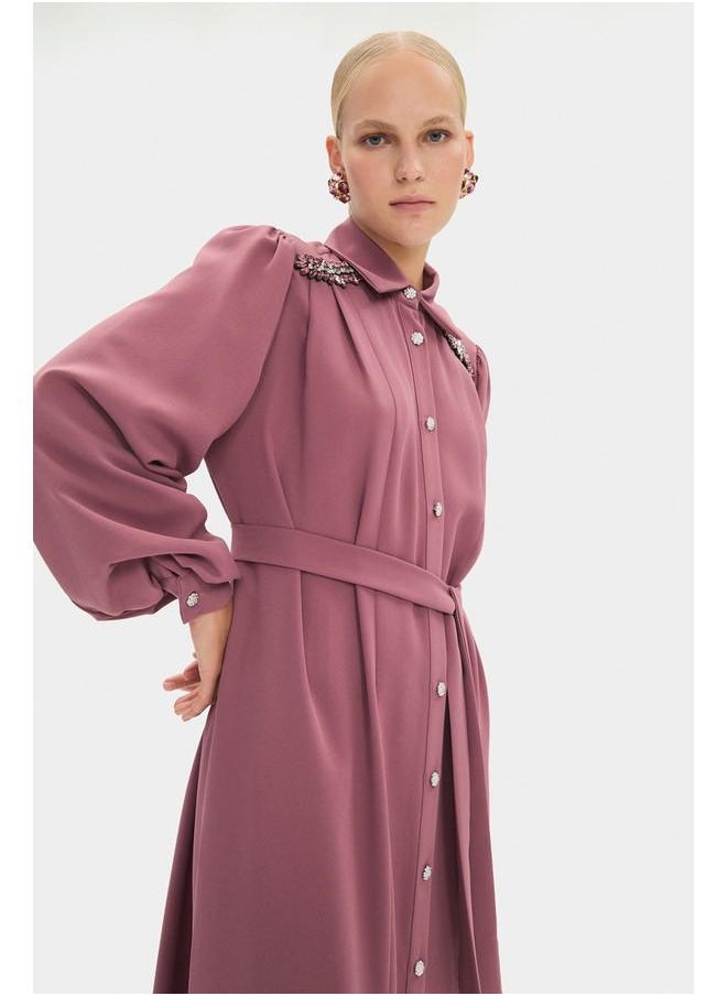 June Women Shirt Neck Balloon Sleeve Stone Details and Waist Tie Maxi Dress Rose