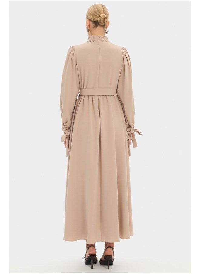 June Women High Neck Stone Detailed Balloon Sleeve Maxi Dress Stone